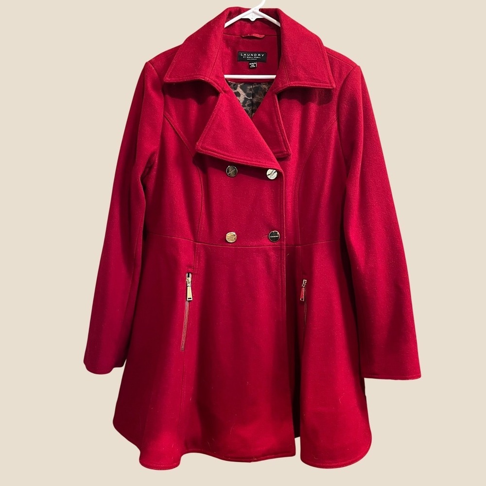 Laundry by Shelli Segal Peacoat Women XL Red Wool Blend Leopard Lining Gold Zip
